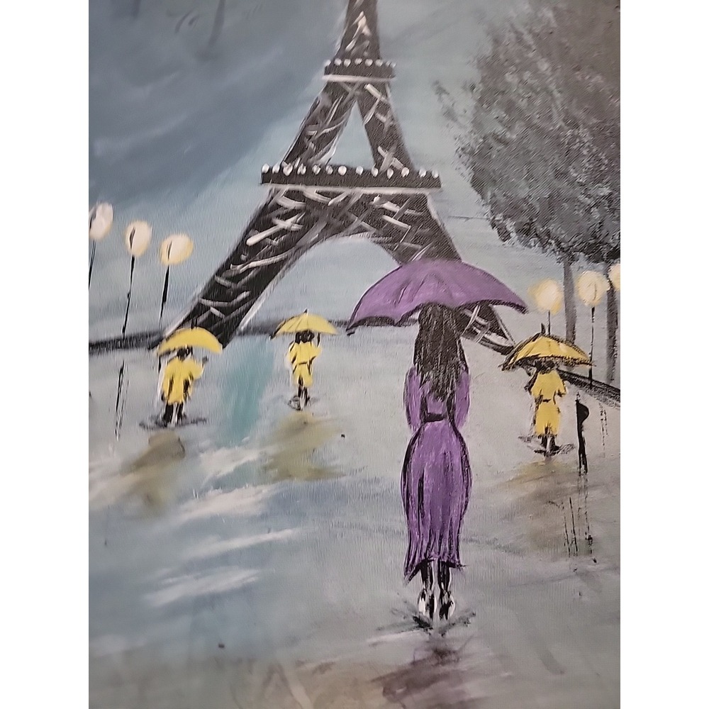 "Paris‎ Rain" Eiffel Tower Canvas Painting – Signed Winter 2014 – Purple Umbre - Picture 4 of 5